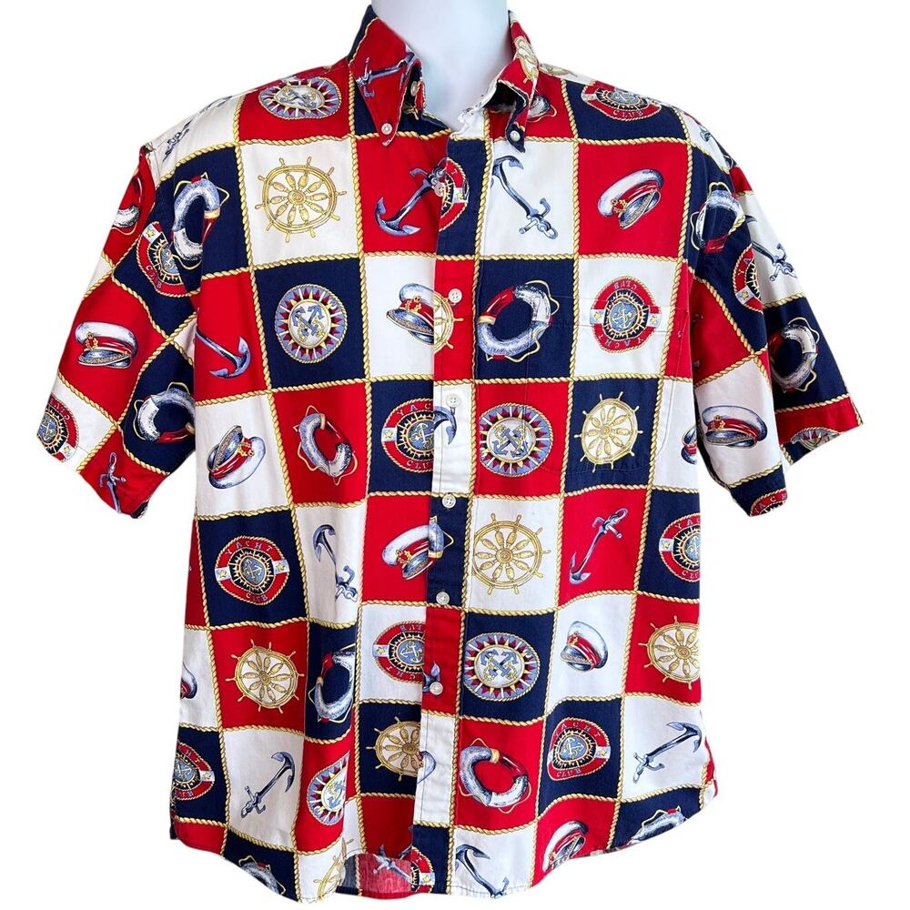 Vintage 90s Mens Palladium Nautical Button‎ Down Shirt Size M Preppy Fun Coastal